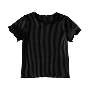 ZACPNCV Girls Rib-Knit Short Sleeve Crop Top Crewneck Lettuce Trim Crop Tee Tops Black 3-4 Years