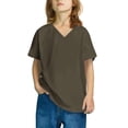 thumbnail image 1 of ZACPNCV Girls Short Sleeve Shirts Kids Summer V Neck Solid Color Casual Blouse Tops Soft Comfy 2025 Tees Coffee 4-5 Years, 1 of 6