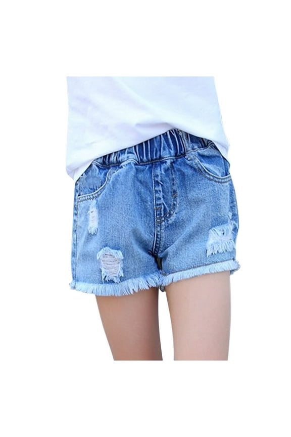 Girls Shorts For Kids Ripped Pocket Elastic Waist Comfy Shorts Jeans Light Blue 7 Years