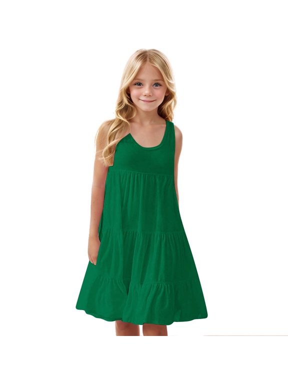 Girls Summer Casual Loose Tank Swing Midi Cute Shift Dress Green 4-5 Years