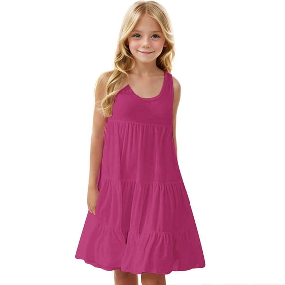 ZACPNCV Girls Summer Casual Loose Tank Swing Midi Cute Shift Dress Hot Pink 7-8 Years