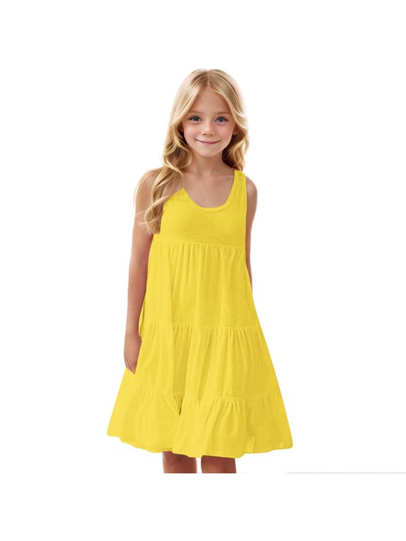Girls Summer Casual Loose Tank Swing Midi Cute Shift Dress Yellow 4-5 Years