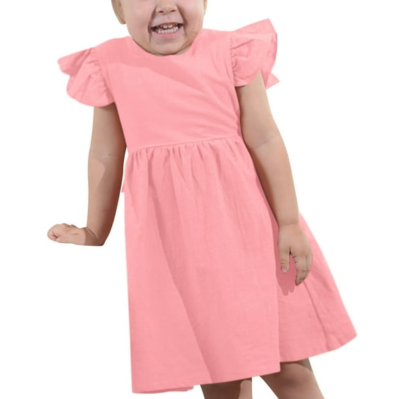 ZACPNCV Girls Summer Dresses Ruffle Cap Sleeve Casual Loose Tank Swing Midi Cute Shift Dress Bow Princess Skirt Pink 1-2 Years