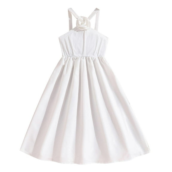 ZACPNCV Girls Sundresses Solid Color Sleeveless Camisole Summer Boho Tie Shoulder Cami Midi Tiered Summer Dress White 11-12 Years