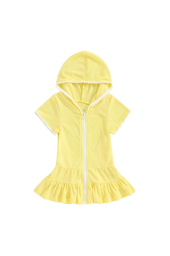 Girls Swim Cover Up Kids Swimsuit Coverup Zip-Up Beach Bathing Suit Robe Yellow