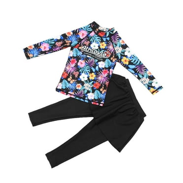 Meresysid Girls Swimwear Kid's Swimsuit Printed Long Sleeved Swimsuit Skirt Style Long Pants Surfing Split Set Sun Protection Swimsuit Black