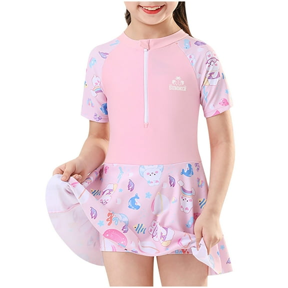 ZACPNCV Girls Toddler UPF 50 and Sun Protection Rash Guard Short Sleeve Swimsuit Pink 6-7 Years
