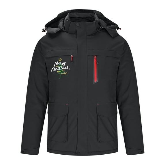ZACPNCV Heated Jacket for Men Christmas Printed Casual Hooded Multiple Pockets Intelligent Single Control Three Districts Heating And A Jacket Black