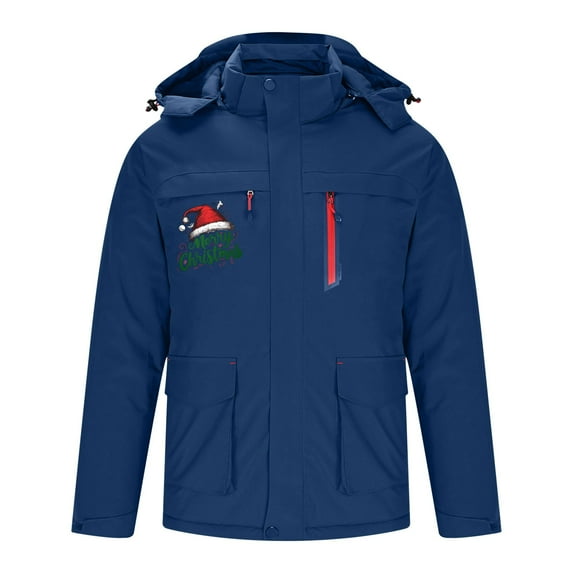 ZACPNCV Heated Jacket for Men Christmas Printed Casual Hooded Sweatshirt With Multiple Pockets Intelligent Single Control Three Districts Heating And A Jacket Blue