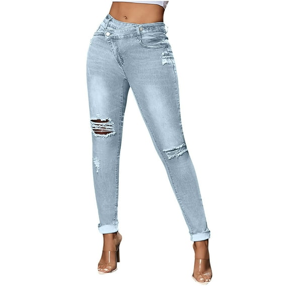ZACPNCV High Waisted Jeans For Women Stretchy And Slim Ripped Hole Small Leg Denim Pants Blue