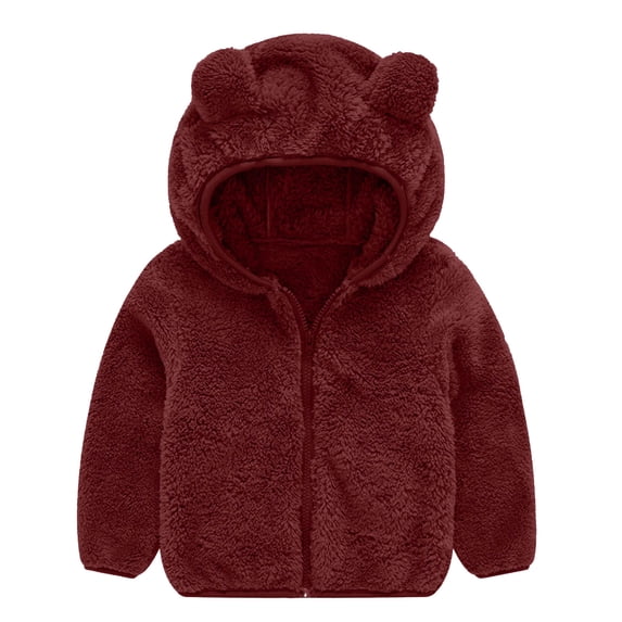 ZACPNCV Infant Baby Boys Girls Fleece Hooded Jacket Coat with Ears Cartoon Warm Todder Kids Outwear Zipper Coat Burgundy 3-4 Years