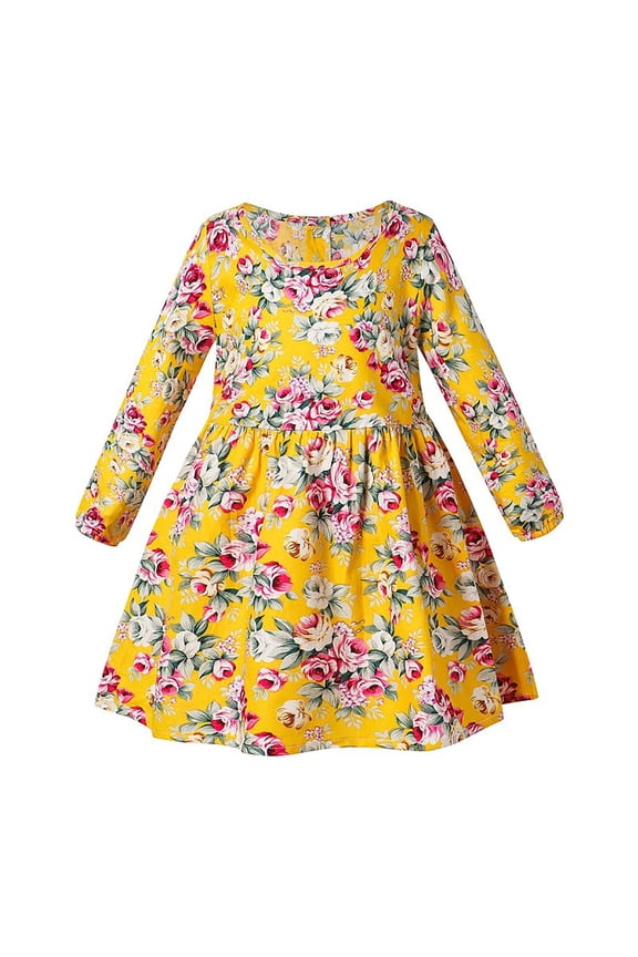 Infant Baby Girls Long Sleeve Dress Toddler Princess Fall Spring Casual Floral Print Basic Playwear Dresses Outfit Yellow 18-24 Months