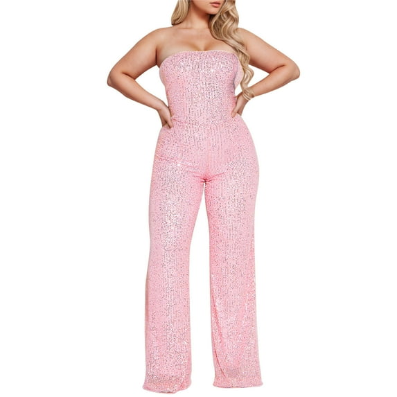 ZACPNCV Jumpsuits for Women's New Solid Color Fashion Strapless Suspender Off Shoulder Sequin Slim Long Jumpsuit Pink