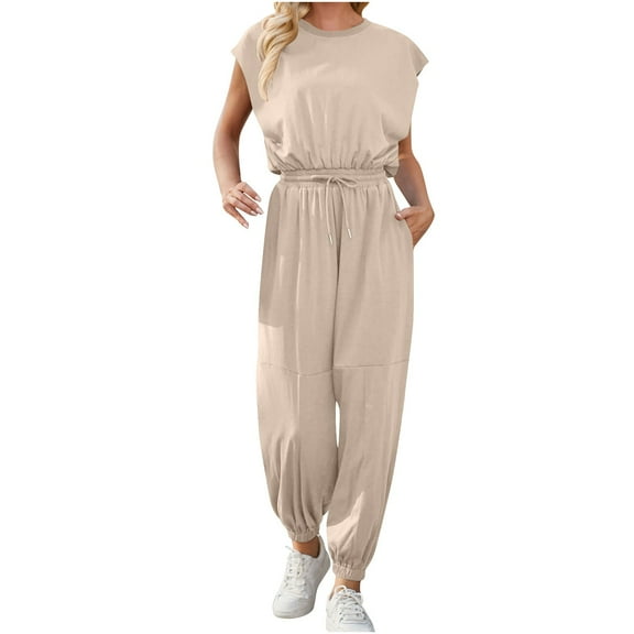 ZACPNCV Jumpsuits for Women's Sleeveless Loose Overalls Rompers Linen Wide Leg Jumpsuits Khaki