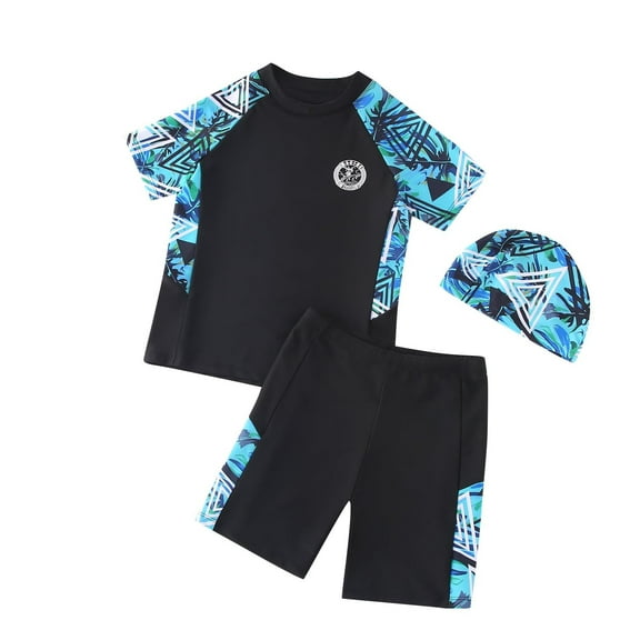 ZACPNCV Kids 3-Piece Swimwear Set Boys Swimsuit with Hat Rash Guards Short Sleeve Bathing Suits Black 7-8 Years