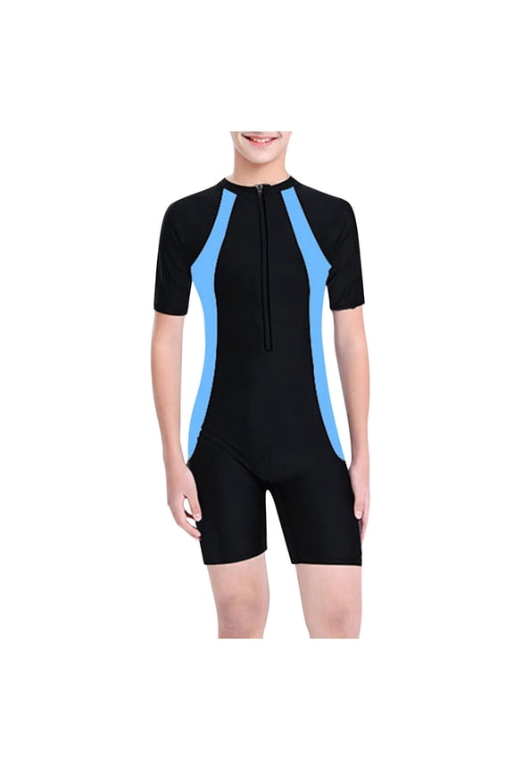 Kids Athletic Training Swimsuit Boys and Girls Solid Color Zipper Short Sleeved Water Sport Short Swimsuit Light Blue 7-10 Years