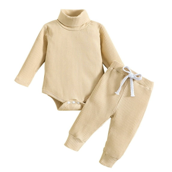 Meresysid Kids And Baby Clothes Knit Striped Turtleneck Long Sleeve Onesies Boys Girls Solid Color Comfortable Tops Drawstring Elastic Waist Long Pants Set 0 Months Beige