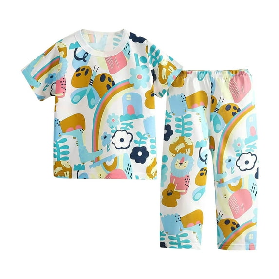 ZACPNCV Kids Cotton Pajama Sets Boys Short Sleeve Sleepwear Top and Capri Pants Elastic Waist Floral Printed PJ Sets Girls Soft Loungewear Light Blue 7-8 Years