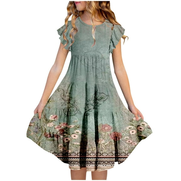 ZACPNCV Kids Girls Summer Boho Sun Dress Ruffled Pockets Dresses Frill Sleeve Dresses Swing Twirly Sundress 2025 Olive Green 14-15 Years