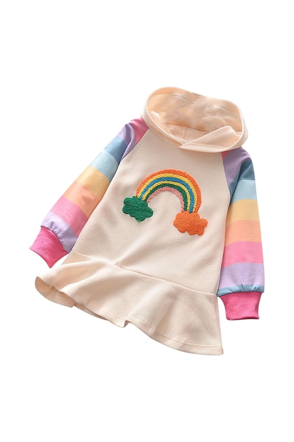 Kids Girls Sweatshirt Dress Embroidery Printed Long Sleeved Hooded Sweatshirt Dress for Toddler Baby Girls Spring Casual Dress White 4 Years
