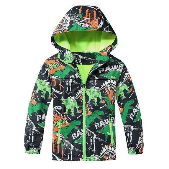 ZACPNCV Kids Rain Jacket Boys Waterproof Jackets Fleece Lined Hooded Raincoat Cartoon Windbreaker Waterproof Coat Sports Outwear Green 2-3 Years