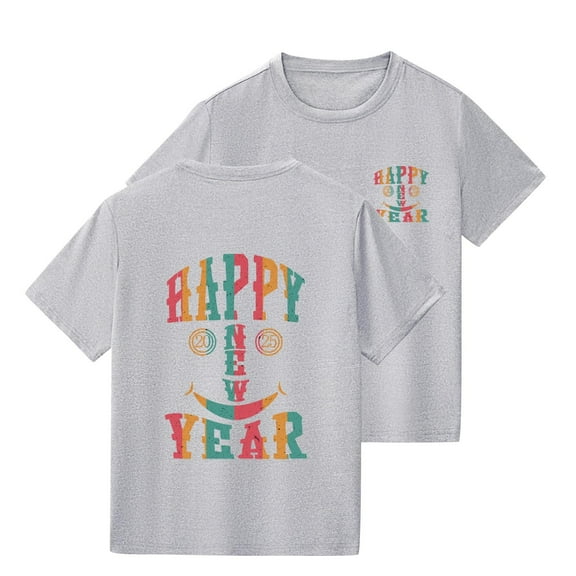 ZACPNCV Kids Summer Shirts Happy New Year Printed Short Sleeved Crewneck Tops Clothes 2025 Gray 6-7 Years