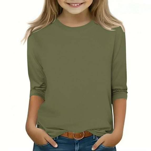 ZACPNCV Kids Three-Quarter Sleeve Shirts Crewneck Solid Color Pullover Basic Tees Daily Tees Blouses Spring Summer Clothes Olive Green 3-4 Years