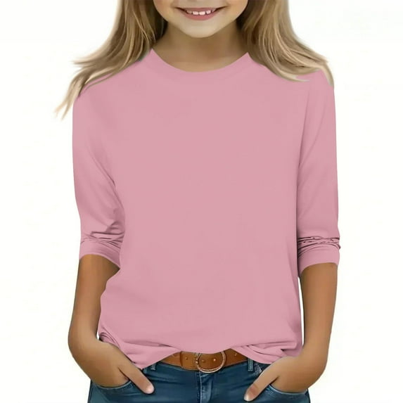 Meresysid Kids Three-Quarter Sleeve Shirts Crewneck Solid Color Pullover Basic Tees Daily Tees Blouses Spring Summer Clothes Pink 4-5 Years