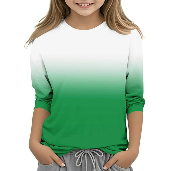 ZACPNCV Kids Three-Quarter Sleeve Shirts Gradient Crewneck Pullover Basic Tees Daily Tees Blouses Spring Summer Clothes Green 5-6 Years