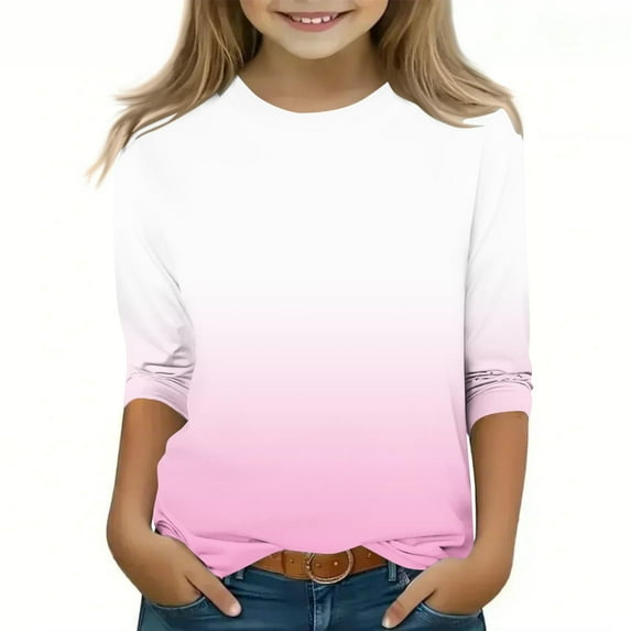ZACPNCV Kids Three-Quarter Sleeve Shirts Gradient Crewneck Pullover Basic Tees Daily Tees Blouses Spring Summer Clothes Pink 3-4 Years