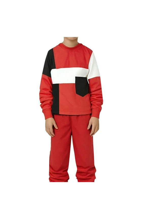 Kids Toddler Boys Girls Long Sleeve Crewneck Top Sets Casual Three Tone Pocket Sweatshirt And Pants Two-Piece Setd Round Neck Top/Shirt Set Red