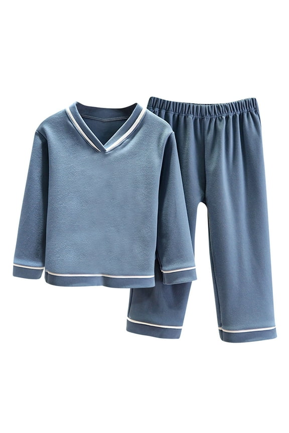 Kids Toddler Boys Girls Long Sleeve Crewneck Top Sets Solid Color Baby Winter Thickening Home Wear Clothes Suit Blue