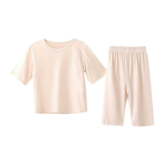 ZACPNCV Kids Toddler Girls Boys Solid Color Short Sleeve Top Shorts Home Wear Suit Crew Neck T Shirt Elastic Waist Shorts Set Beige 7-8 Years