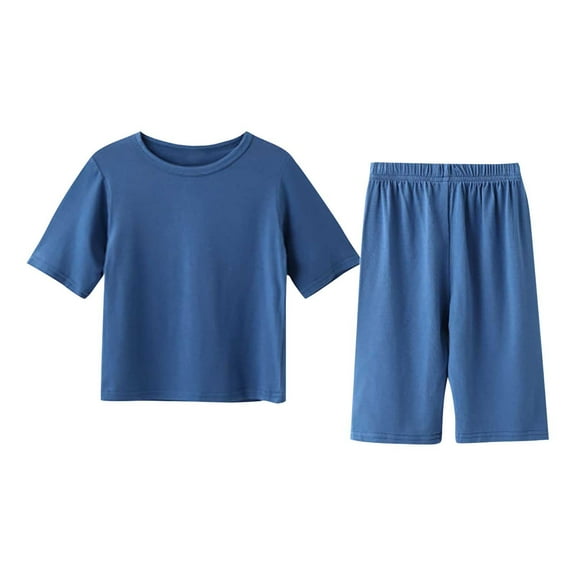 ZACPNCV Kids Toddler Girls Boys Solid Color Short Sleeve Top Shorts Home Wear Suit Crew Neck T Shirt Elastic Waist Shorts Set Blue 12-18 Months