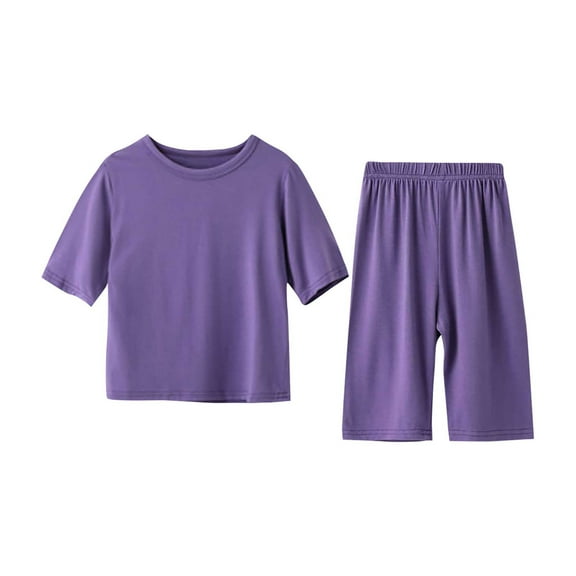 ZACPNCV Kids Toddler Girls Boys Solid Color Short Sleeve Top Shorts Home Wear Suit Crew Neck T Shirt Elastic Waist Shorts Set Purple 12-18 Months