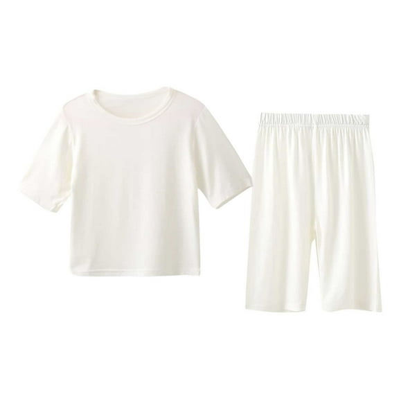 ZACPNCV Kids Toddler Girls Boys Solid Color Short Sleeve Top Shorts Home Wear Suit Crew Neck T Shirt Elastic Waist Shorts Set White 12-18 Months