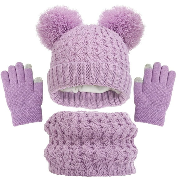 Meresysid Kids Winter Beanie Hat Warm Knit Thick Ski Cap With Pompom And Scarf Gloves Set For Girls Boys Purple