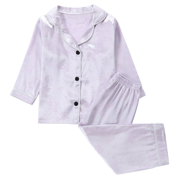 ZACPNCV Kids Winter Pajama Set Boys and Girls Long Sleeve Solid Color Homewear Silk Sleepwear Loungewear Button-Up Top + Pants Outfit Purple 5-6 Years