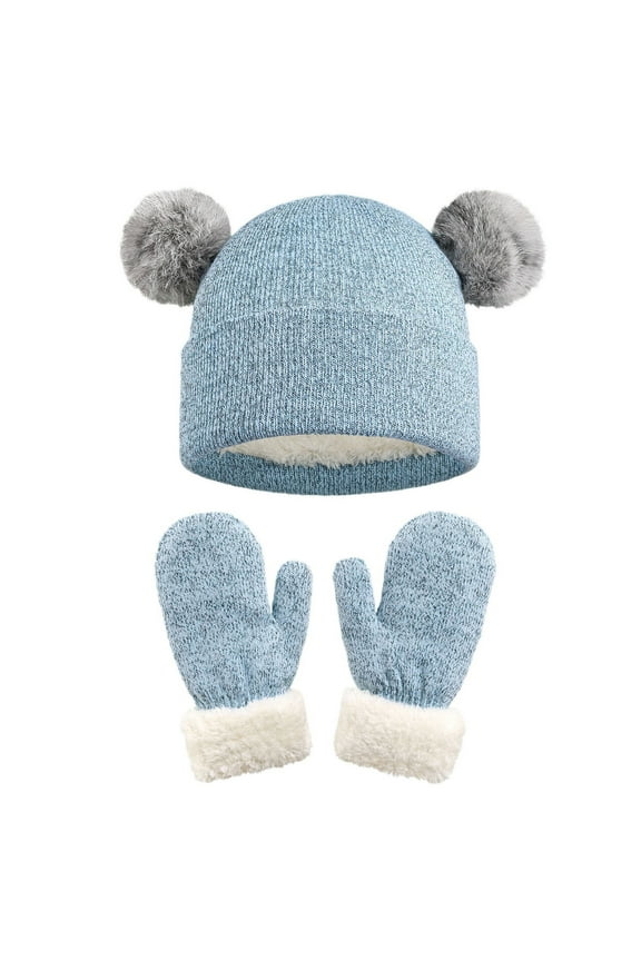 Kids Winter Plush Hat Warm Knit Thick Ski Head Hat Gloves Set For Girls Boys Blue
