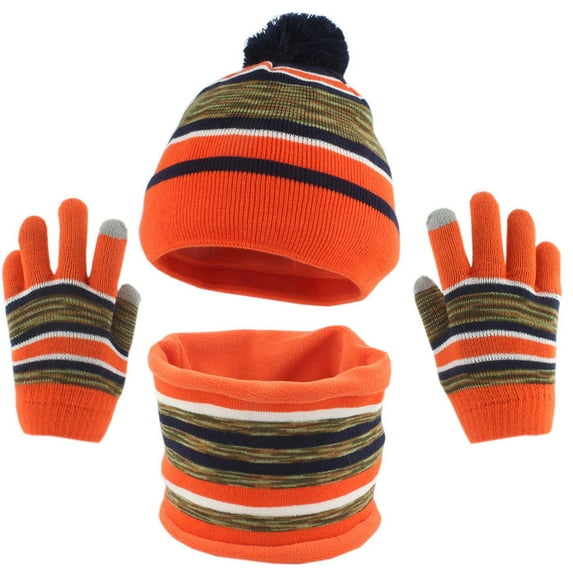 ZACPNCV Kids Winter Plush Hat Warm Knit Thick Ski Head Hat Scarf Gloves Set For Girls Boys Orange