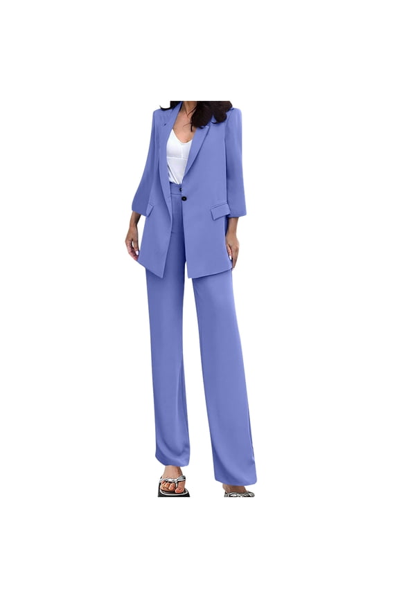 Ladies' Fashionable And High-end Elegant Commuting Long Sleeved Lapel Suit Set Blue