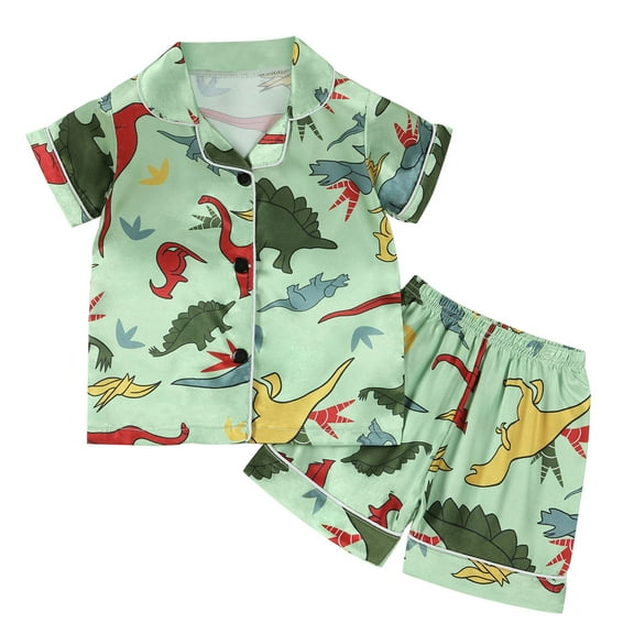 ZACPNCV Little Boys Girls Short Satin Pajamas Set Classic Silk Pjs Toddler Kids 2 Piece Sleepwear Nightwear Button-Down Short Sleeve and Shorts Summer Loungewear Green 12-24 Months