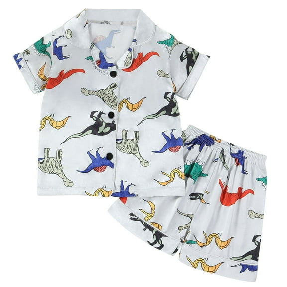 ZACPNCV Little Boys Girls Short Satin Pajamas Set Classic Silk Pjs Toddler Kids 2 Piece Sleepwear Nightwear Button-Down Short Sleeve and Shorts Summer Loungewear Silver 7-8 Years