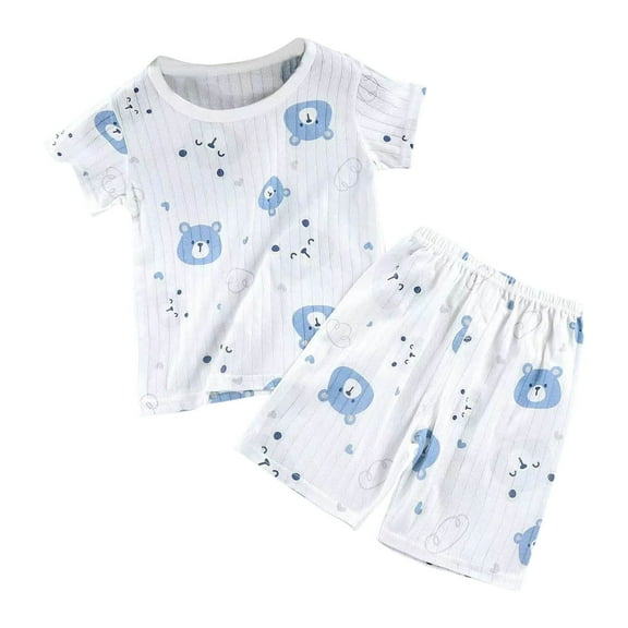 ZACPNCV Little Girls Pajamas Cotton PJS Toddler 2 Piece Short Sleeve Sleepwear Shorts Cartoon Animals Printed Summer Kids Clothes Set Blue 3-4 Years