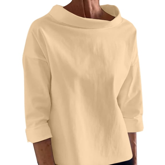 ZACPNCV Long Sleeve Shirts for Women Fall Tops European And American Women's Temperament Velvet Shirt Women's Cotton Polyester Semi High Neck Sweatshirt Round Neck Top/shirt Khaki