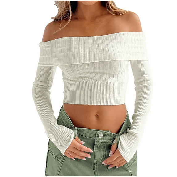 Meresysid Long Sleeve Shirts for Fall And Winter New Women's One-shoulder Long-sleeved Sweaters Tops/shirts Beige
