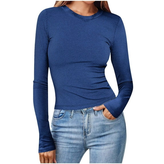 ZACPNCV Long Sleeve Shirts for Women Fall Tops Women's Casual Round Neck Solid T-shirt Tops Blouse Dark Blue