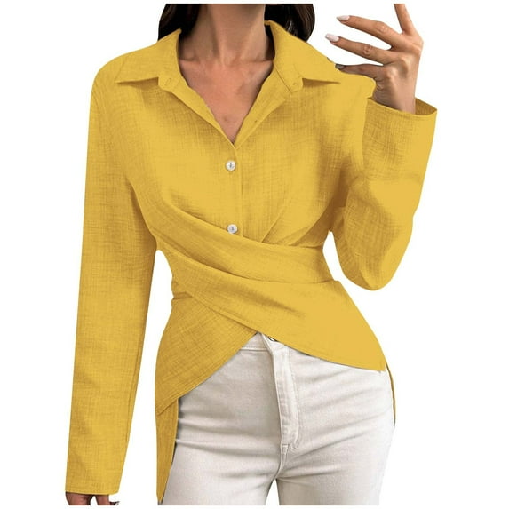 ZACPNCV Long Sleeve Shirts for Women Fall Tops Women's Casual Solid Color V-neck Shirt Top Yellow