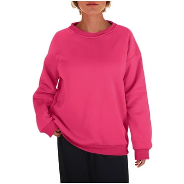 Meresysid Long Sleeve Shirts for Women Fall Tops Women's Fashion Round-Neck Pullover Hoodless Fleece Warm Solid Color Tops Sweatshirts Hot Pink