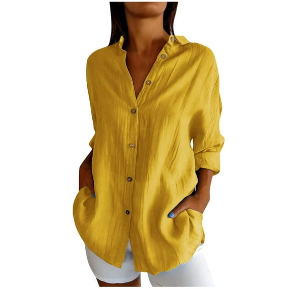 ZACPNCV Long Sleeve Shirts for Women Fall Tops Women's Fashion Turndown Collar Button Casual Tops Blouse Yellow